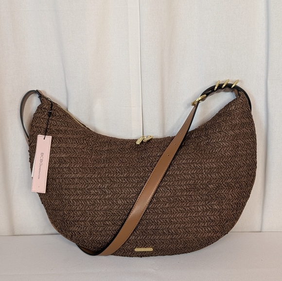 BCBG Brown Woven Crescent Hobo Shoulder Bag NWT - Picture 1 of 8